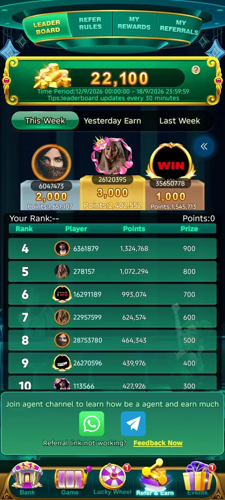 Spin Crush Refer and Earn leaderboard screen