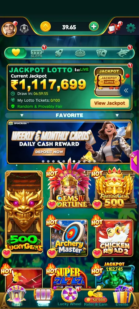 Spin Crush game lobby with 777 slots tabs, Jackpot Lotto and hot game tiles